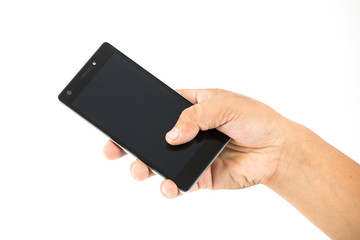 Hand holding mobile smart phone with blank screen. Isolated on white.