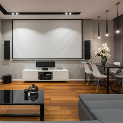 Home interior with projector screen