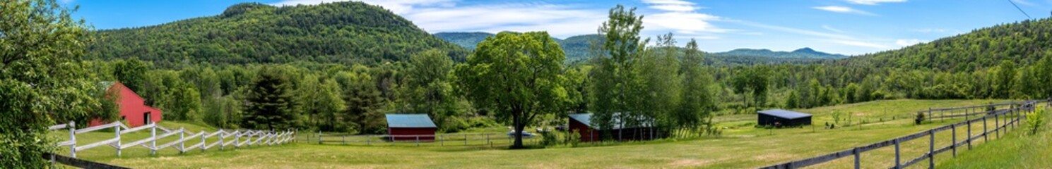 Panoramic view of farm buildings in the Adirondacks Mountains 1