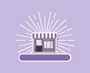 City design with store icon over purple background, colorful design. vector illustration