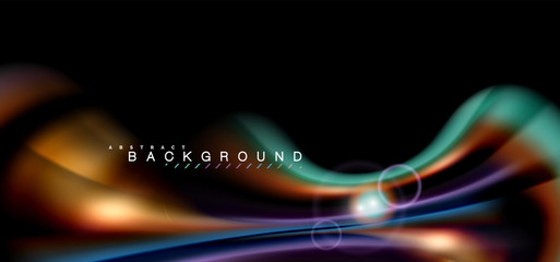 Color shiny light effects on black, liquid style multicolored wavy shape
