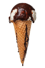 wafer cone with melting white ice cream covered chocolate glaze isolated on white background, close up