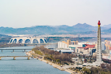Pyongyang north korean capital skyline  with Rungrado 1st of May Stadium
