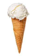 wafer cone with white scoop of ice cream isolated on white background, close up