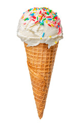 wafer cone with white scoop of ice cream and colorful sprinkles isolated on white background, close up