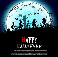 A group of kids are running happily on Halloween night.Halloween background from vector