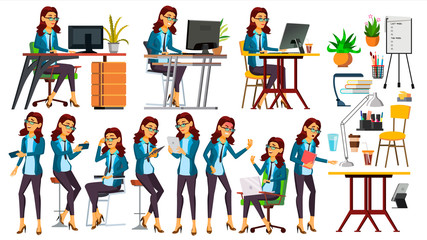 Fototapeta na wymiar Office Worker Vector. Woman. Happy Clerk, Servant, Employee. Poses. Business Human. Face Emotions, Gestures. Secretary. Isolated Character Illustration