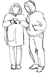  sketch of a girl looking into the phone guy standing beside