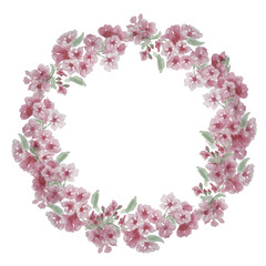 Fototapeta na wymiar Watercolor cherry flower round wreath frame.