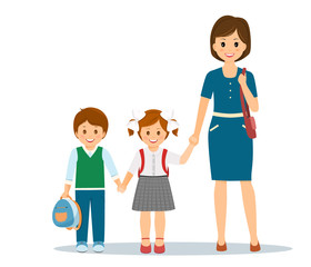 Fototapeta premium Mom holds her children hand.Pupils go to school with mom.Isolated on white background. Cartoon style. Vector illustration