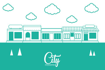 city design with stores and clouds over colorful line design. vector illustration