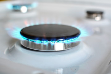 burning white gas stove hob blue flames, closeup