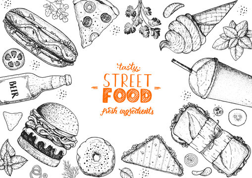 Fast food sketch collection. Vector illustration. Junk food set. Engraved style illustration. Fast food top view frame