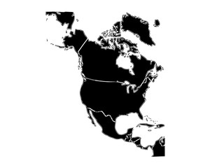 An outlined map of North America. All isolated on white background