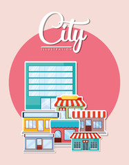 city building and stores over pink background, colorful design. vector illustration