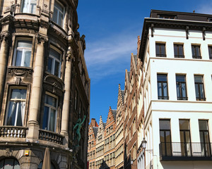 Traditional flemish architecture in city center of Antwerp at sunny day. Antwerp (Dutch: Antwerpen), Belgium