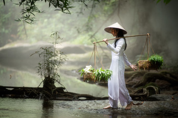 Beautiful women with traditional Vietnamese culture Ao dai is a traditional costume famous Ho Chi Minh Vietnam wilderness walk - obrazy, fototapety, plakaty