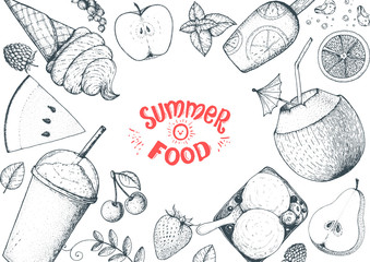 Summer food vector illustration. Variety food sketch collection. Top view engraved illustration.