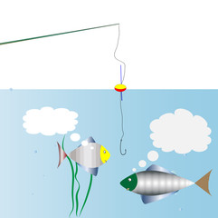 On fishing. Dialogue of two fish swimming past the hook