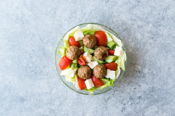Fototapeta na wymiar Meatball Salad with Tomatoes, Cheese and Lettuce / Kofte or Kofta