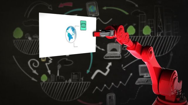 Digitally generated video of red robotic arm holding card with networking icon