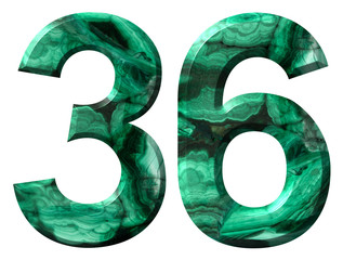 Arabic numeral 36, thirty six, from natural green malachite, isolated on white background