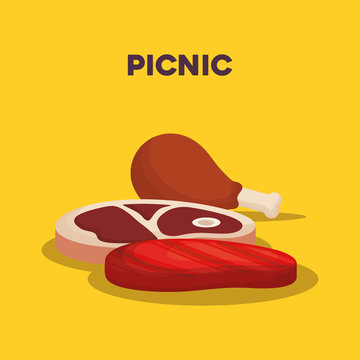 picnic food design with meat steaks and chicken  thight over yellow background, colorful design. vector illustration