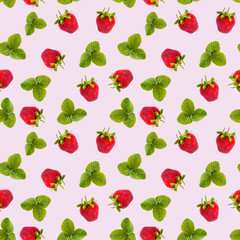 Pattern seamless from fresh berries ripe strawberries, flat lay top view pink background