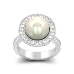 3D illustration isolated silver diamond engagement wedding ring with pearl with shadow