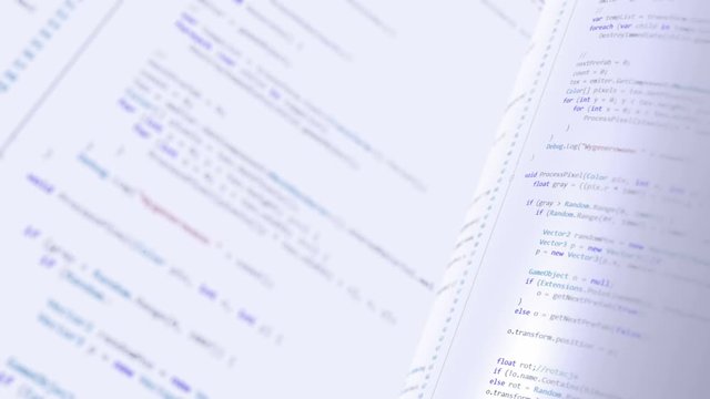 Computer Code Background Loop. Animated computer script programming code as technology background. White version. Seamless loop. The depth of field. A real C# code written by me.