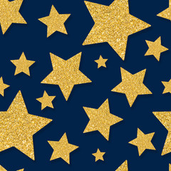 Seamless pattern with gold stars of sequin confetti on blue.