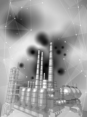 modern chemical plant on a black & white technological background with stylized digital waves - the concept of modern technology, a new industrial revolution and information technology / vector draw