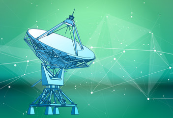 Satellite Dishes Antenna - doppler radar, digital wave, white points, stars, lines, triangles and green technology background. The concept of modern digital communications. Vector illustration / eps10