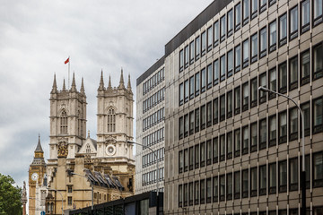 View of a building in London, with Big Ben and Westminster Abbey in the background