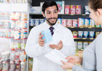 druggist is recommending medicine for  woman