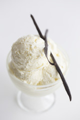 Homemade Ice Cream, copy space.Glass with delicious vanilla ice cream on table.