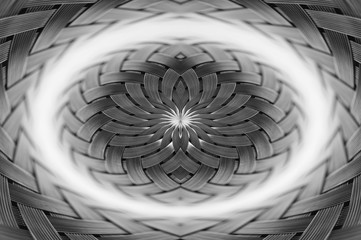 Symmetrical silver metallic wicker texture close-up. Detail background of volume steel surface. Abstract gray braided wire in macro. Surreal shape with copy space. Unusual black and white space.