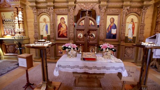 Interior of a Christian wooden church. Church of Zarvanitsky Virgin in Ternopil