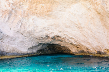 Caves along the limestone coastal cliffs of the Greek island Zante (Zakynthos)