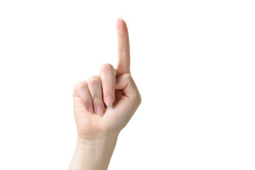 Closeup of female hand with pale skin pointing or touching isolated on white background. Isolated.