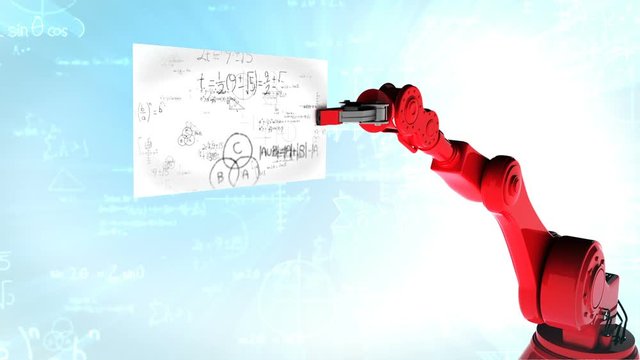 Digitally generated video of red robotic arm holding card with mathematical formula