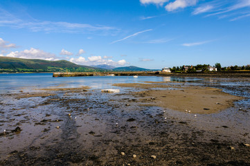 Beach and harbour at Carlingford with the tide out