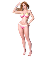 3D beautiful blonde woman swimsuit bikini. Summer rest. Conceptual fashion art. Seductive candid pose. Realistic render illustration. Isolate