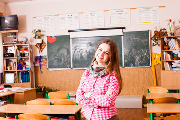 Teachear stands in classroom