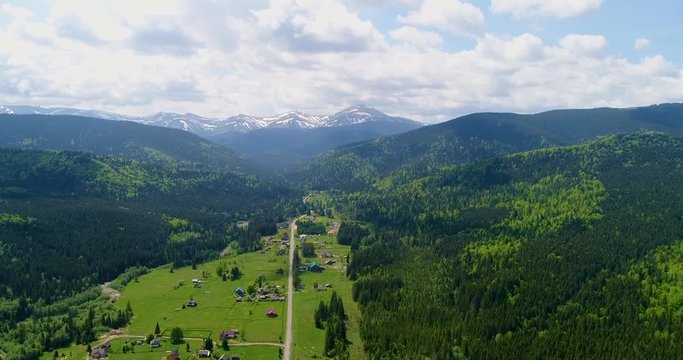 Aerial view of road to mountain Hoverla, Ukraine Carpathian mountains.
