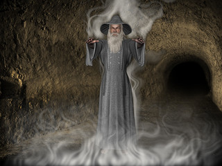 3D Illustration of Medieval Wizard in Cave with Fog