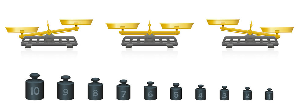 Weighing Scale With Equal And Unequal Weightiness And Ten Different Weights From One To Ten. Isolated Vector Illustration On White Background.