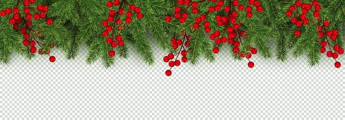 Christmas and New Year border of realistic branches of Christmas tree and holly berries - obrazy, fototapety, plakaty