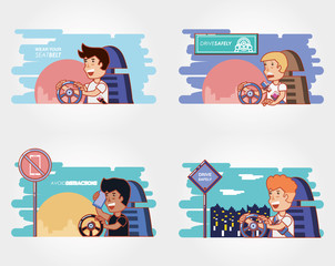 people driving with driver safely icons vector illustration design