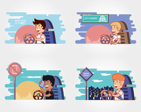 people driving with driver safely icons vector illustration design